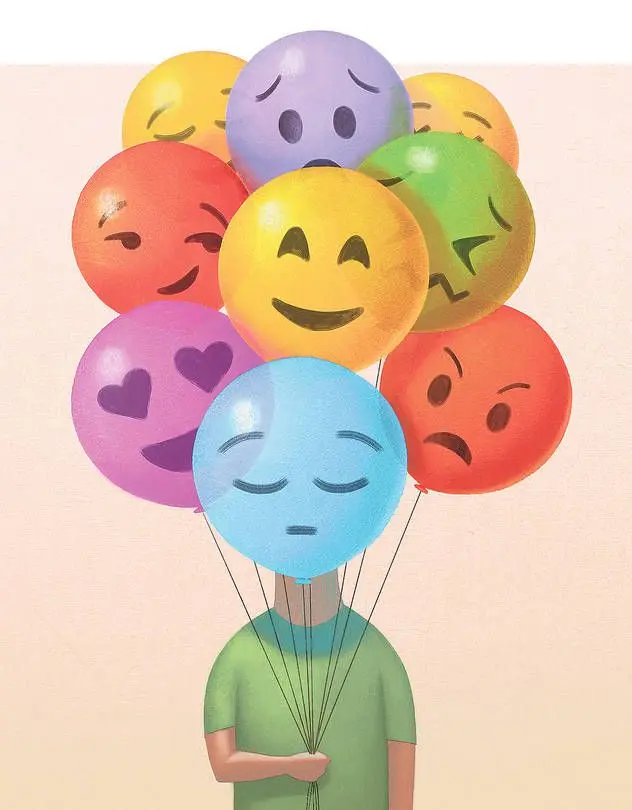 ilustratie copil cu baloane cu expresii faciale diferite